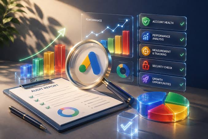 Google Ads account audit report with performance charts and account health checks